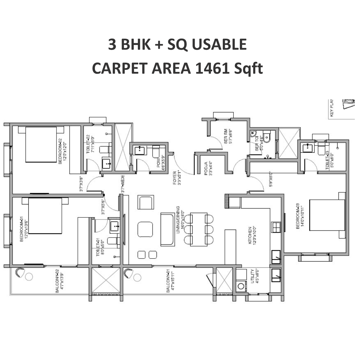 Birla Evara Floor Plans 3 BHK + SQ